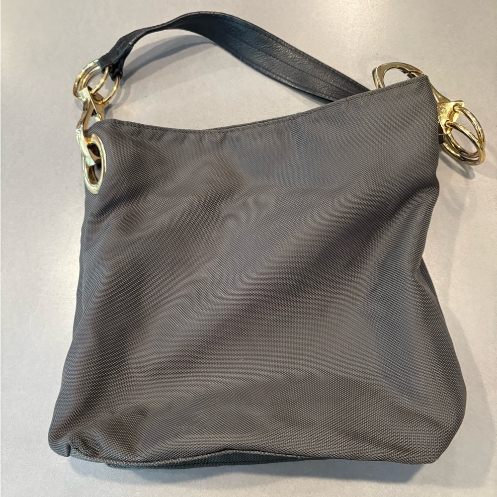 Chic Dark Grey Shoulder Bag with Gold Rings